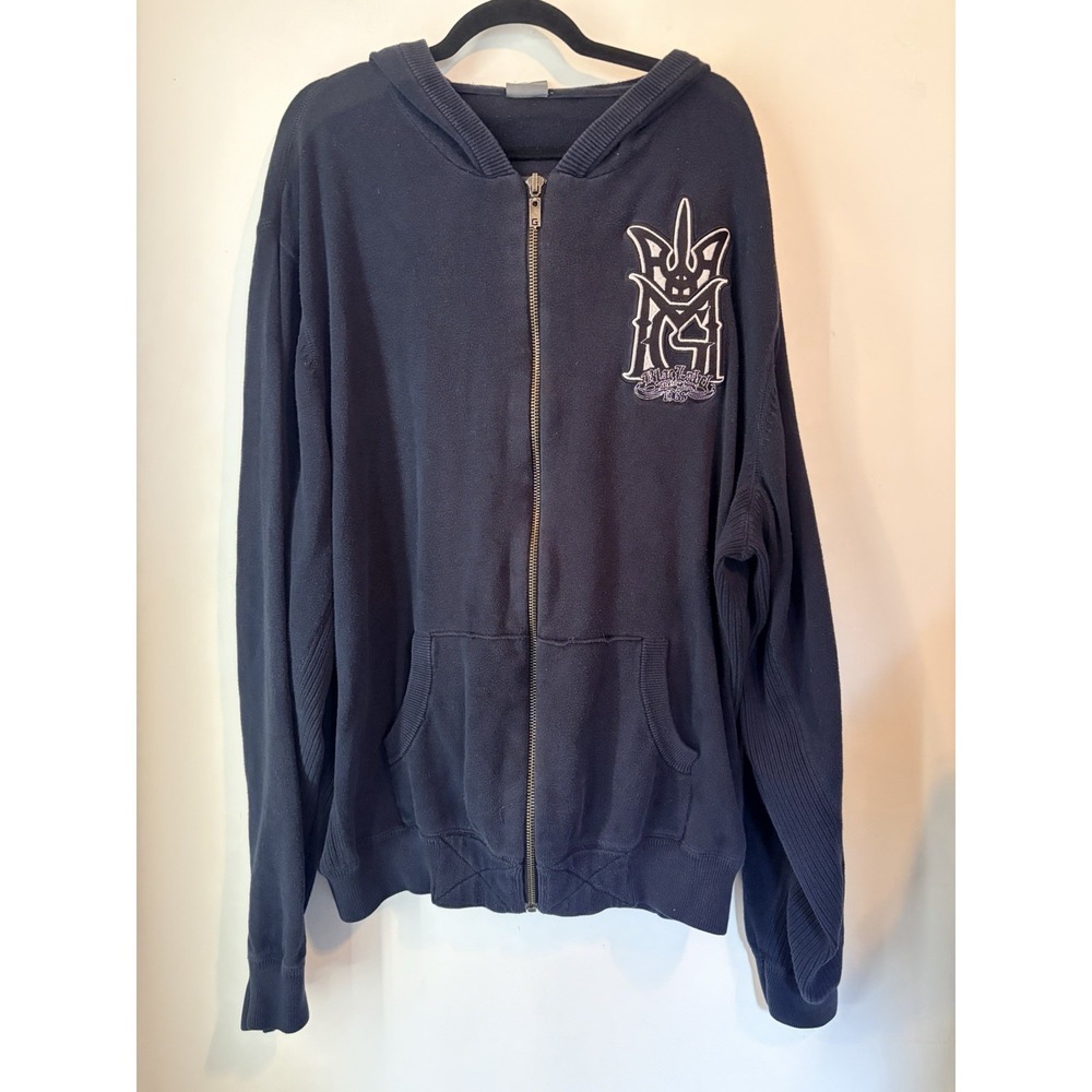 Vintage Y2K Gunmetal Black Label Zip Hoodie Mens XL Grunge Graphic Back Spellout
